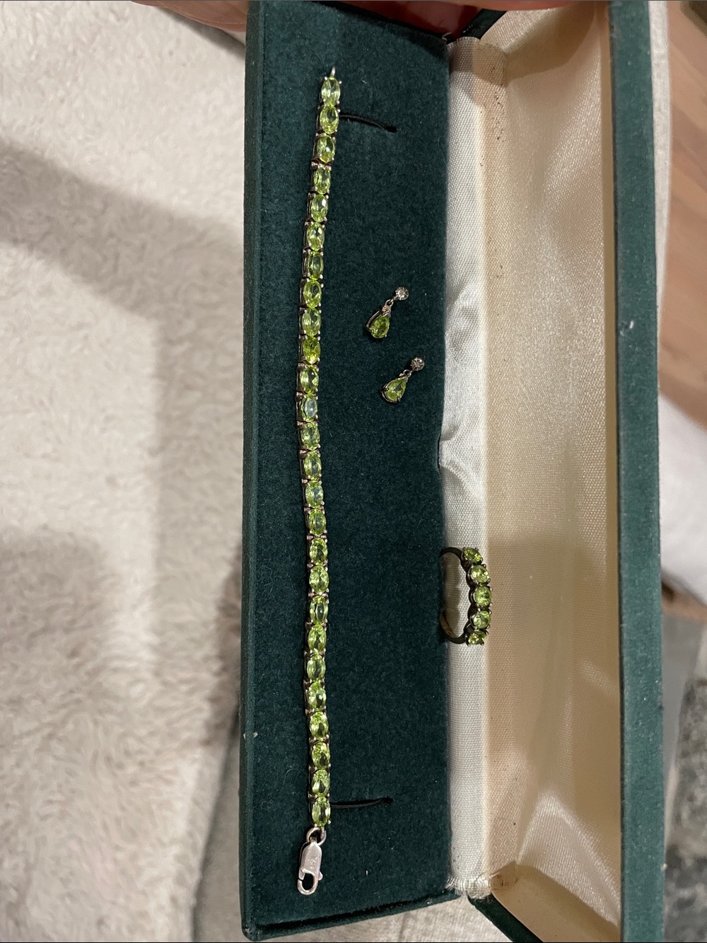 Vintage Peridot Green Gemstone Jewelry Set – Bracelet, Earrings & Ring
